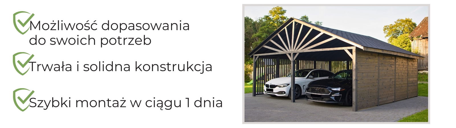 Nowoczesna drewniana wiata garażowa w ciemnym kolorze, mieszcząca dwa samochody. Solidna, trwała konstrukcja z możliwością dopasowania do indywidualnych potrzeb.