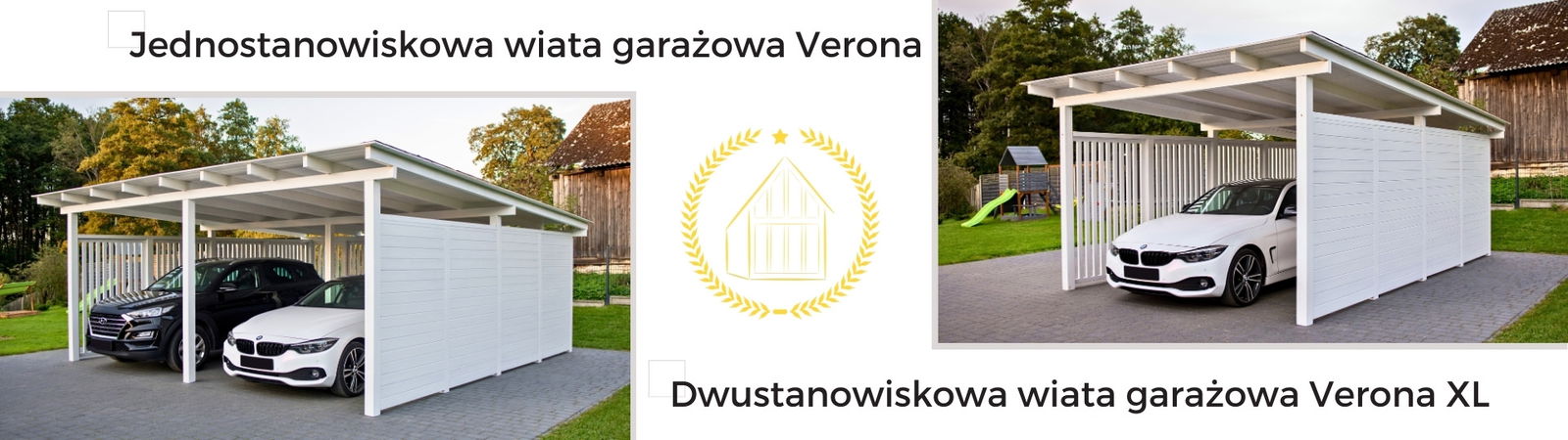 Biała drewniana wiata garażowa w wersji jedno- i dwustanowiskowej, eleganckie zadaszenie chroniące samochody przed warunkami atmosferycznymi.